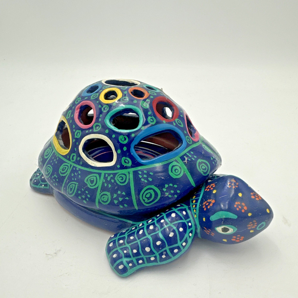 Hand Painted Blue Turtle Votive Candle Holder Mexican Art Pottery Clay